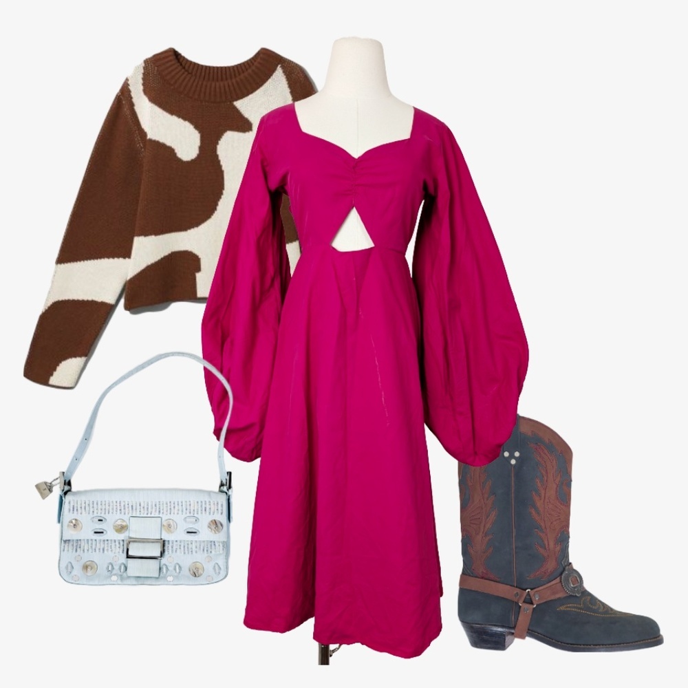 Handmade Puff Sleeve Dress Midi Size S Long sleeve
